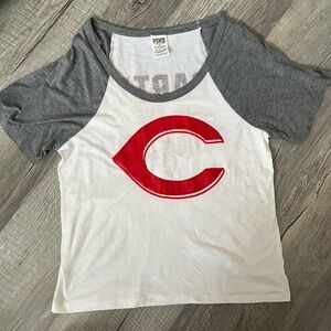 PINK Victoria's Secret Gray and White Tee with Red Cincinnati Reds Logo